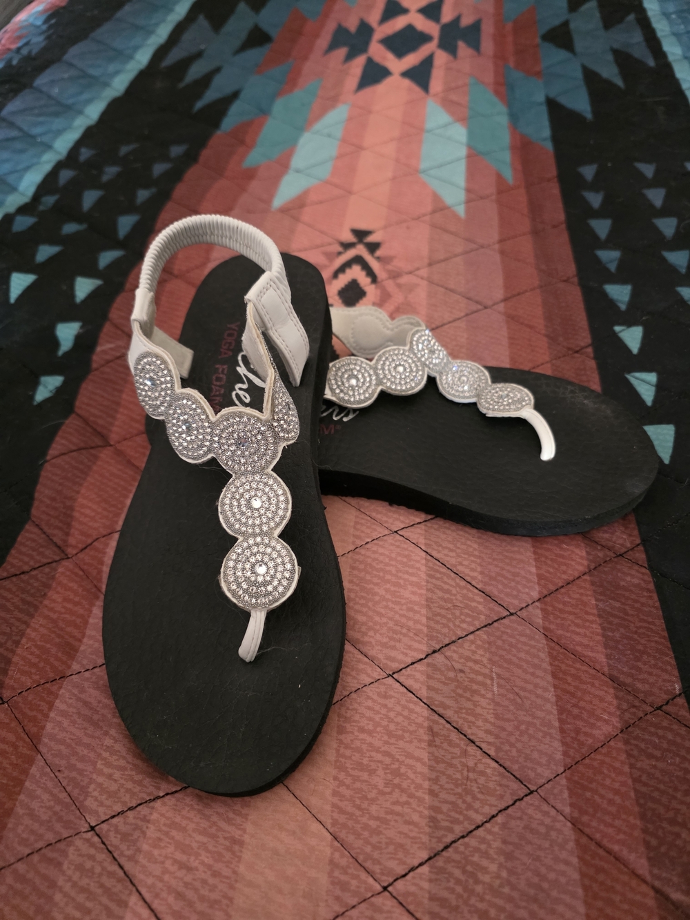 Skechers White Embellished T-strap Sandals